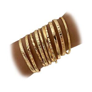 Gold Plated Stackable Bangle Bracelets Set Minimalist Boho Textured Adjustable